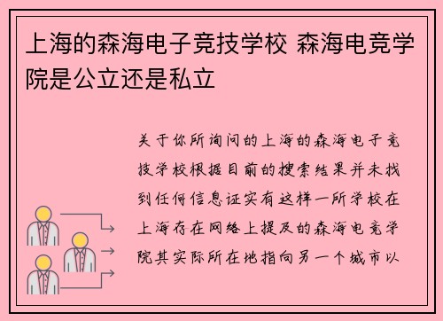 上海的森海电子竞技学校 森海电竞学院是公立还是私立